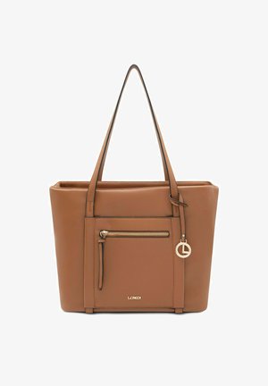 Lichtbruine leren draagtas met een gladde textuur, dubbele handvatten, een voorvak met rits, gouden accenten en het LCBRDI-logo onderaan.