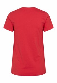 Sarkans T-krekls, kas izgatavots no kokvilnas, ar apaļu izgriezumu un īsām piedurknēm. Gluda tekstūra bez redzamām rakstiem vai akcentiem.