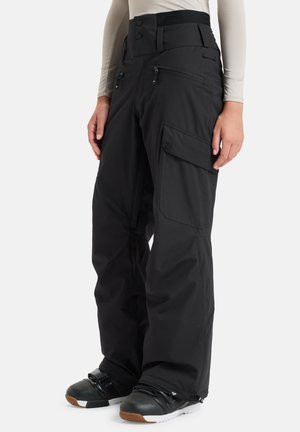 Black snow pants with a relaxed fit, moisture-wicking fabric, cargo pockets, and adjustable waistband. Features a smooth textured finish.