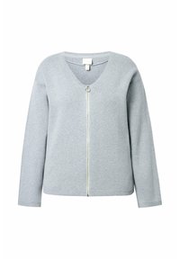 Světle šedý cardigan s výstřihem do V, dlouhými rukávy a předním zipem. Vyrobený z měkké tkaniny s hladkým povrchem a žebrovaným lemem.