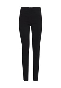 Černé slim-fit kalhoty vyrobené z elastického materiálu, s hladkou strukturou a bez viditelné kovové úpravy. Ideální pro casual nebo poloformální nošení.