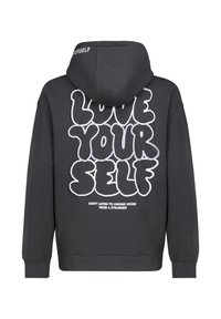 Zwarte hoodie met een grote "HOU VAN JEZELF" graphic in paars en wit op de achterkant. Beschikt over een capuchon met trekkoorden en geribde manchetten.