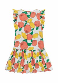 Kleid mit weißem Hintergrund und Mustern aus orangefarbenen und gelben Früchten, Rüscheärmeln und einem gestuften Rock. Knöpfe auf der Rückseite.