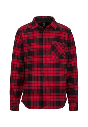 Chemise à manches longues à carreaux rouges et noirs avec boutons, poche poitrine avant et col.