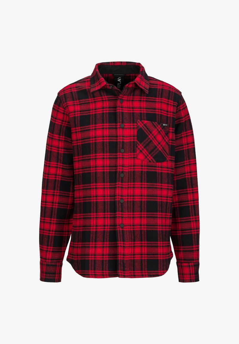 Chemise à manches longues à carreaux rouges et noirs avec boutons, poche poitrine avant et col.