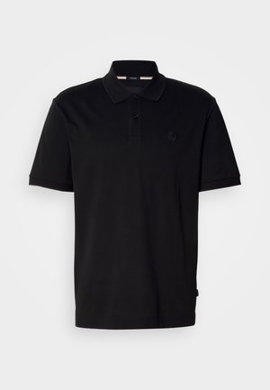 Polo noir en coton avec col, patte de boutonnage à deux boutons et logo brodé sur la poitrine. Manches courtes, coupe régulière.