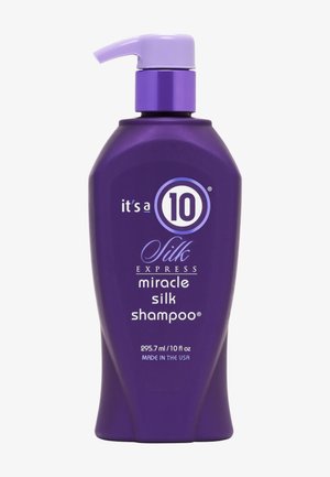 Lila Pumpflasche des It's a 10 Silk Express Miracle Silk Shampoo, 295,7 ml, mit weißem und lavendelfarbenem Text, hergestellt in den USA.