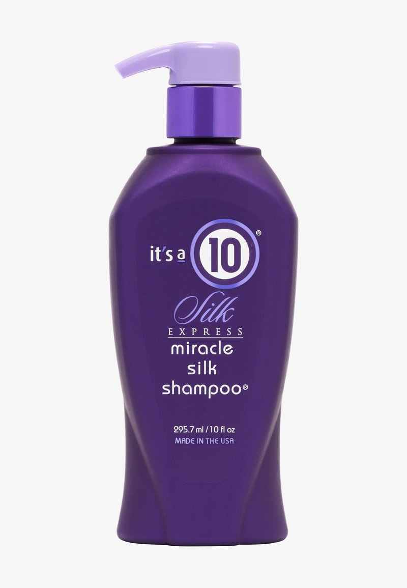 Flacon pompe violet de shampooing It's a 10 Silk Express Miracle Silk, 295,7 ml, avec texte blanc et lavande, fabriqué aux États-Unis.