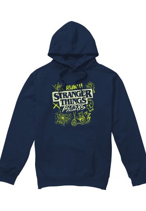 Navy blue hoodie with yellow-green "Stranger Things Tales from 85" text and doodles including a bike, flowers, lightning, and a skull.