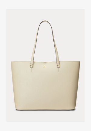 Krémová kožená taška na rameno s dvoma popruhmi a malým zlatým logom RL uprostred prednej strany.