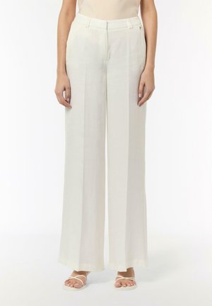Light cream, wide-leg trousers with a smooth texture, flat front, and a fitted waistband; features subtle side pockets and minimalist design.
