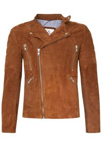 Giubbotto da moto in suede marrone con zip diagonale, due tasche con zip e dettagli trapuntati sulle spalle. Foderato con un tessuto a righe.