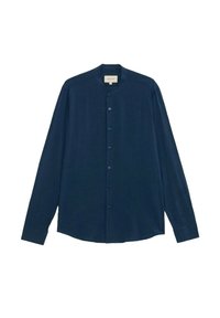 Camicia a maniche lunghe blu navy con colletto rotondo e chiusura anteriore con bottoni. Tessuto liscio e design dritto. Il tessuto sembra leggero.