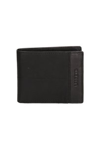 Portafoglio in pelle nera con un design elegante e minimalista. Presenta una superficie liscia, sezioni opache e lucide a contrasto, e una marchiatura a rilievo ben visibile.