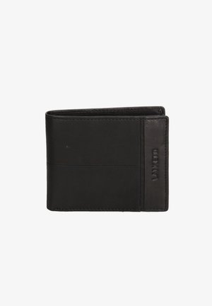 Black leather wallet with a sleek, minimalist design. Features a smooth texture, contrasting matte and glossy sections, and visible brand embossing.