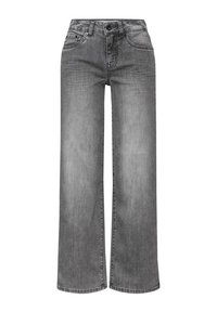 Hochtaillierte weite Jeans aus zerstörtem grauen Denim, mit Fronttaschen, einem Knopfverschluss und Gürtelschlaufen entlang des Bundes.