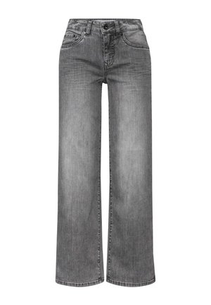 Jeans taille haute à jambes larges en denim gris délavé, avec poches avant, fermeture à un bouton et passants de ceinture le long de la taille.