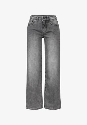 Jeans taille haute à jambes larges en denim gris délavé, avec poches avant, fermeture à un bouton et passants de ceinture le long de la taille.