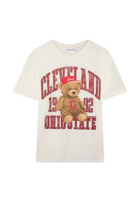 Biała bawełniana koszulka z grafiką brązowego misia pluszowego, czerwonym napisem "CLEVELAND 1992 OHIOSTATE" oraz czapką z napisem "Love".