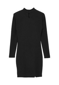 Schwarzes, langärmliges Minikleid mit hohem Kragen, Schlüsselverschluss vorne mit zwei Knopfverschlüssen und dezent schimmerndem Stoff.