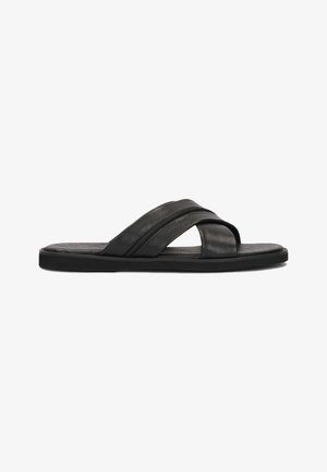 Zwarte leren instapsandalen met een kruisbandenontwerp, platte zool, gestructureerde inlegzool en minimalistische stijl.