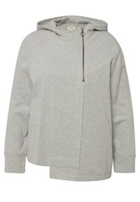 Felpa grigia con cappuccio realizzata in tessuto morbido, con tasca anteriore con zip, orlo asimmetrico e maniche lunghe con polsini a costine.