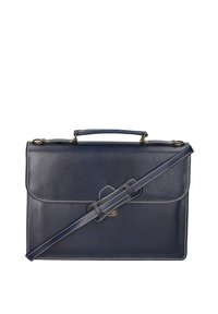 Malette en cuir bleu marine avec une poignée supérieure et une bandoulière réglable, dotée de coutures blanches et d'un détail de fermeture en métal.