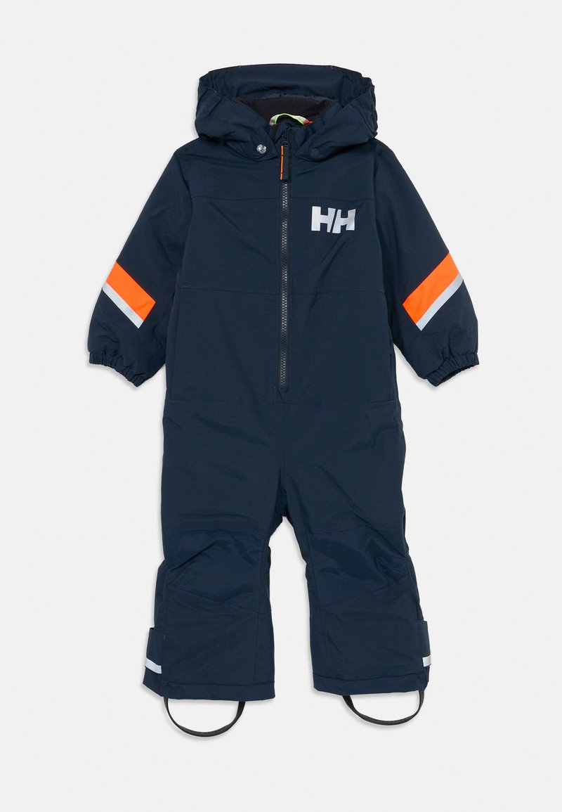 Mono de nieve para niños en azul marino con capucha, cremallera frontal, franjas naranjas y reflectantes en las mangas, y correas en los pies para un ajuste seguro.