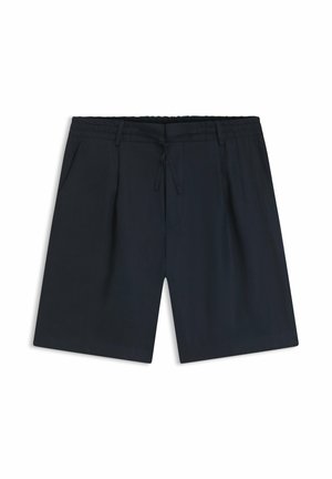 Shorts bleu marine arrivant au genou avec poches latérales, passants de ceinture à la taille et fermeture à cordon à l'avant.