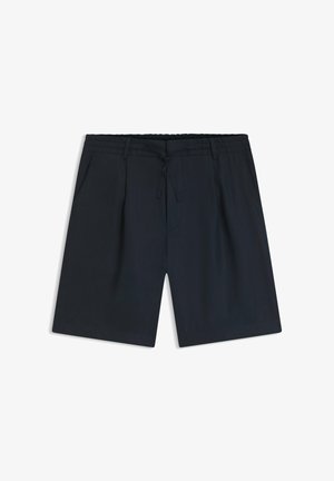 Navy blue knee-length shorts with side pockets, waistband belt loops, and a front drawstring closure.