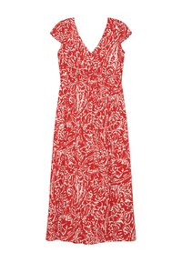 Rode maxi-jurk met V-hals en vleermuismouwen, voorzien van een wit bloemen- en paisleypatroon, gemaakt van lichtgewicht stof.