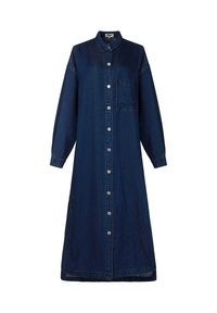 Denim shirtjurk in donkerblauw met een kraag, knoopsluiting aan de voorkant, lange mouwen en een borstzak; voorzien van contrasterende stiksels en een ontspannen pasvorm.