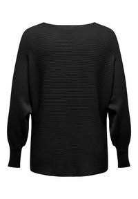 Black ribbed sweater featuring a wide neckline, long balloon sleeves, and a relaxed fit. Material appears soft with subtle texture.