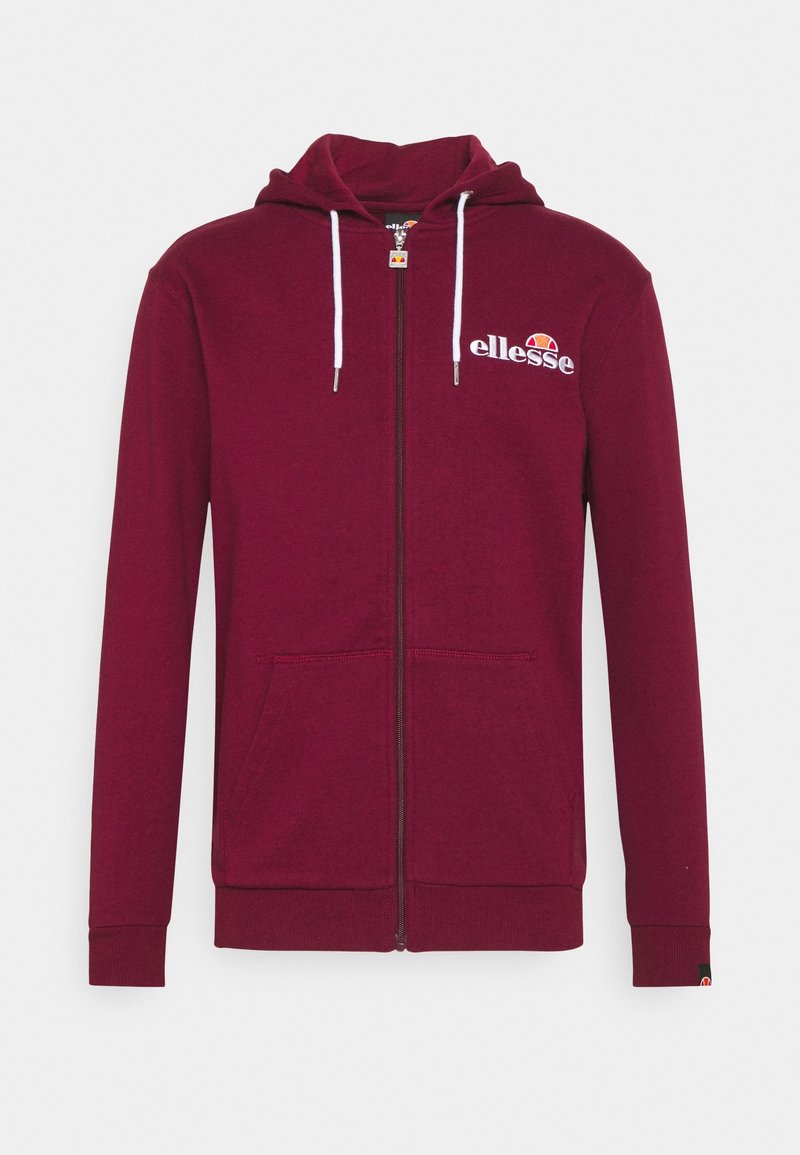 Burgunderfarbene Full-Zip-Kapuzenjacke mit weißen Kordeln, Fronttaschen und weißem "ellesse"-Logo mit orangefarbenem Halbkreis auf der linken Brust.