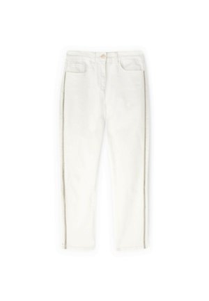 Hvide slim-fit jeans med frontlommer, knaplukning og dekorativ syning langs de ydre sømme.