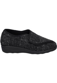 Black and gray slipper with a textured wool blend upper, rounded toe, and a soft, slip-on design. Features a padded collar and rubber sole.