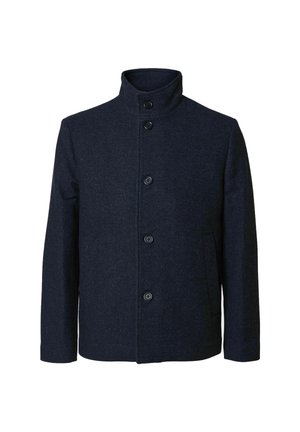 Abrigo de mezcla de lana color azul marino con un alto cuello, seis botones en la parte delantera y bolsillos laterales. Tejido texturizado con un acabado suave.