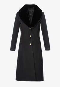 Czarny wełniany płaszcz z dużym kołnierzem z sztucznego futra, pięcioma złotymi guzikami i dopasowanym krojem. Długie rękawy i długość do kolan.