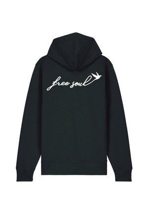 Felpa nera con cappuccio con una grande scritta ricamata bianca "free soul" e un design di uccello sul retro. Presenta una vestibilità classica e polsini a coste.