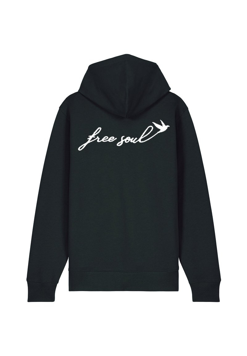 Felpa nera con cappuccio con una grande scritta ricamata bianca "free soul" e un design di uccello sul retro. Presenta una vestibilità classica e polsini a coste.