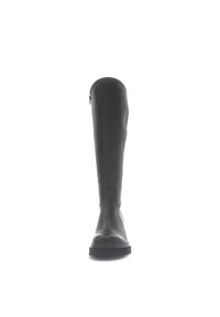 Zwarte leren kniehoge laars met een ronde neus, een gladde textuur, minimale naden en een zijrits voor sluiting. Platte zool.