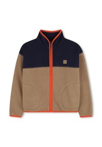 Giacca in pile con la parte superiore blu navy, la parte inferiore beige, cerniera arancione e rifiniture. Presenta due tasche frontali e un colletto alto.