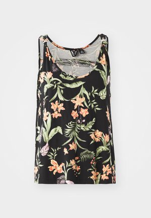 Top senza maniche di colore nero con un motivo floreale composto da fiori rosa e arancioni e foglie verdi. Tessuto morbido con una vestibilità comoda.