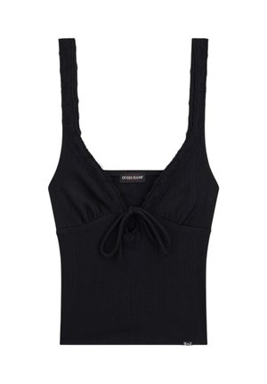 Schwarzes, ärmelloses Rippentop mit Spitzenbesatz an Trägern und Ausschnitt, Binddetail in der Mitte vorne und "Guess Jeans"-Etikett innen.