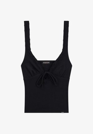 Schwarzes, ärmelloses Rippentop mit Spitzenbesatz an Trägern und Ausschnitt, Binddetail in der Mitte vorne und "Guess Jeans"-Etikett innen.