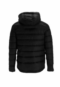 Sort polstret jakke med hætte, der har en quiltet design og vandret syninger. Glat tekstur og en afslappet pasform.