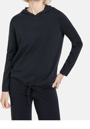 Czarny długi rękaw hoodie z regulowanym wykończeniem, wykonany z miękkiego materiału, o luźnym kroju i z kieszenią kangurką.