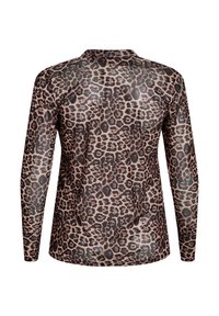 Dugmadna majica dugih rukava s uzorkom leopardnog printa, s glatkom teksturom i zaobljenim rubom. Paleta boja uključuje nijanse smeđe i crne.