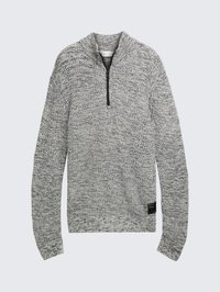 Grijs en zwart textuurtrui met een kwart ritssluiting, geribbelde manchetten en zoom, met een label aan de linkerkant.