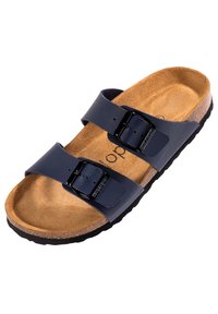Sandali blu navy con due cinturini regolabili e fibbie nere, dotati di una suola in sughero e una suola inferiore in gomma nera strutturata.